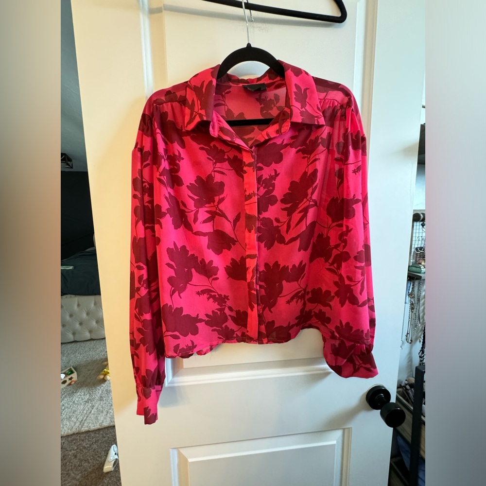 Lumiere Tops Floral Raspberry Color Button Up Blo… - image 2